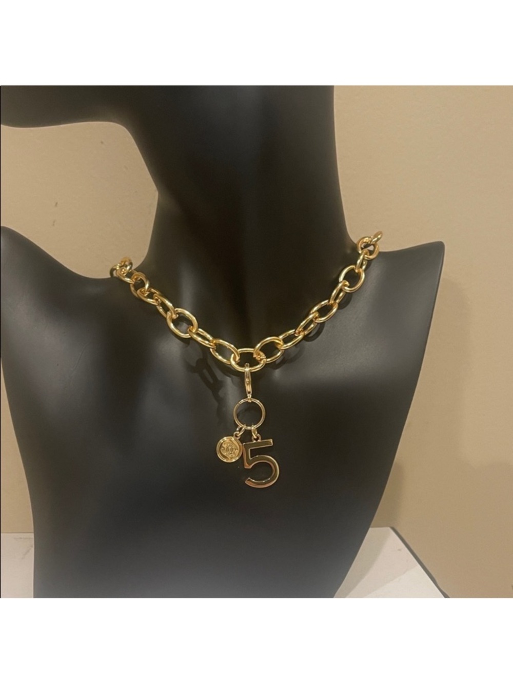Gold Chunky Chain Necklace with Chanel Number 5 Charm